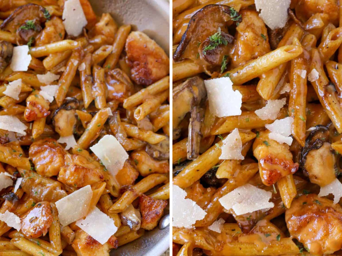 collage of dishes of pasta being served 