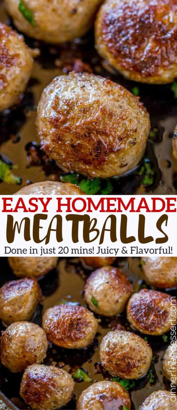 collage of meatballs with a crispy crust in a hot skillet