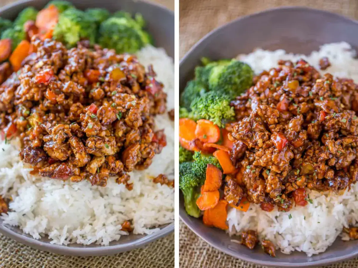 collage of plated ground chicken, rice, and veggies