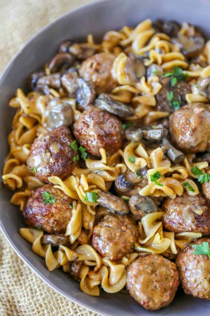 Quick and EASY Meatball Stroganoff in just 30 minutes with a creamy sour cream mushroom gravy, egg noodles and meatballs, it's the perfect weeknight meal!