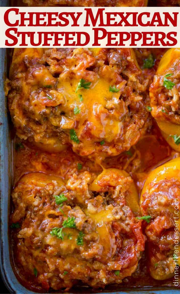 Mexican Stuffed Peppers made with ground beef, rice, salsa and cheese. Perfect for meal prepping and easy weeknight dinners!
