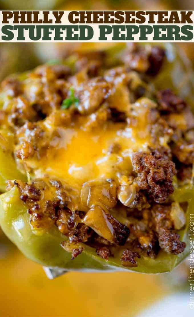 Philly Cheesesteak Stuffed Peppers with all the classic cheesesteak flavors of beef, onions, peppers and cheese.