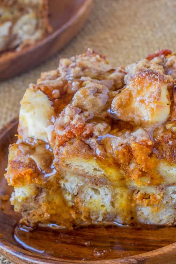 Pumpkin French Toast Bake with cream cheese filling and no overnight chilling and is the perfect brunch recipe that's part french toast, part cheesecake.