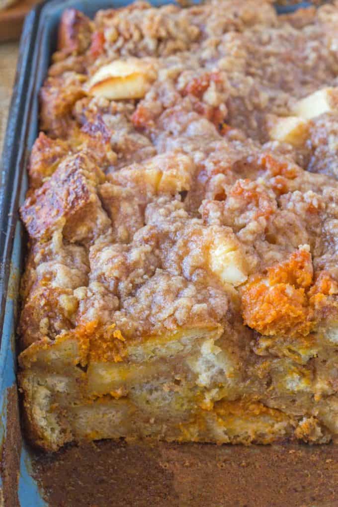 Pumpkin French Toast Bake with cream cheese filling and no overnight chilling and is the perfect brunch recipe that's part french toast, part cheesecake.