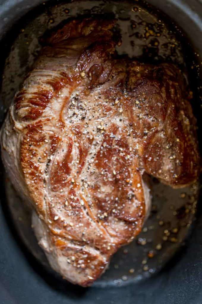 Slow Cooker Balsamic Pork Roast browned really well before going in the slow cooker.