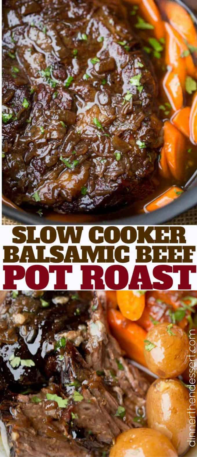 One pot meal, this Slow Cooker Balsamic Pot Roast has carrots and potatoes too.