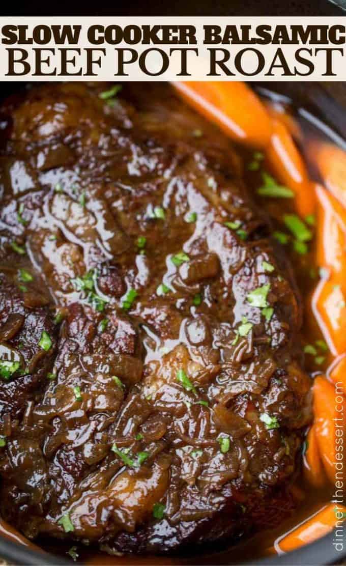 Crockpot Balsamic Pot Roast with a rich balsamic gravy and carrots and potatoes.