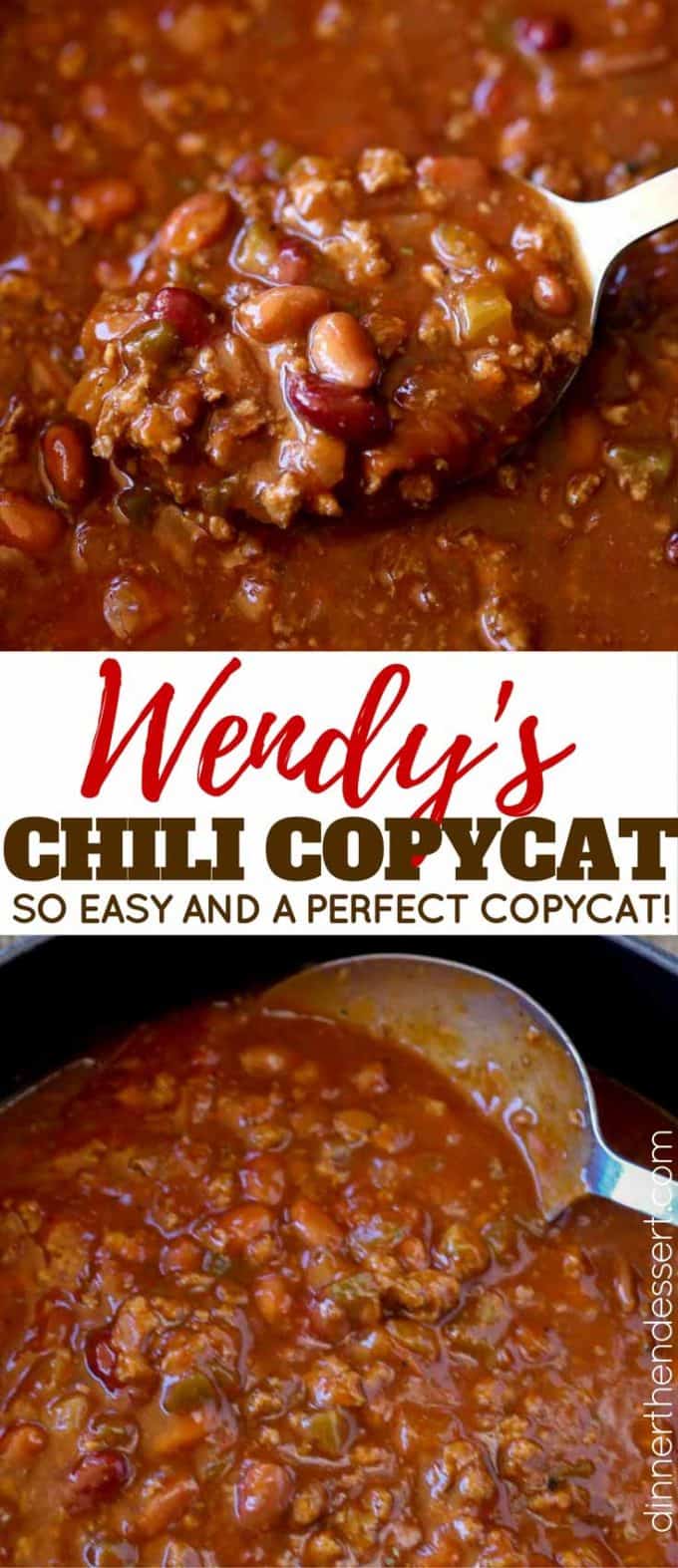 Wendy's Chili copycat made with kidney beans, onions, chilis, bell peppers and tomatoes with a spicy chili powder and cumin spices. Taste like a perfect copycat!
