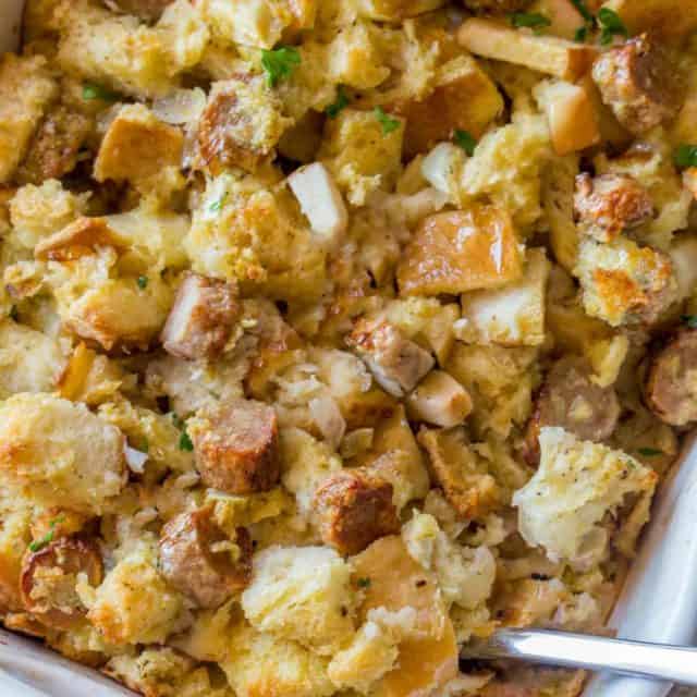 Classic Sausage and Apple Stuffing made in the oven.