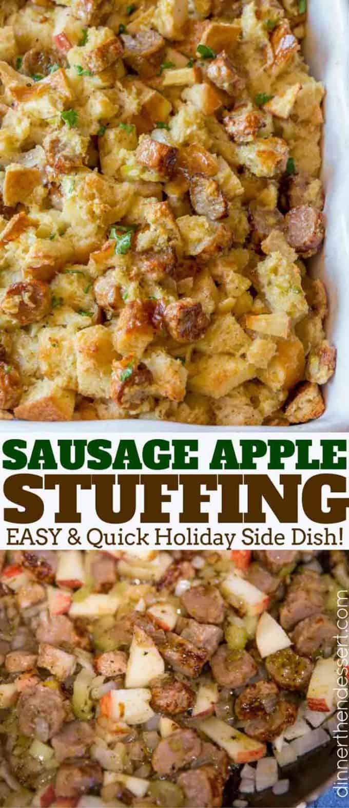 Easy Apple and Sausage Stuffing made with sage and celery is the classic dressing recipe you grew up eating. #thanksgiving #christmas #holiday #recipe #stuffing #sausagestuffing dinnerthendessert.com
