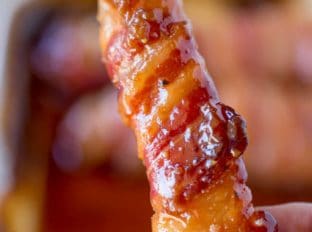 Bacon Brown Sugar Chicken Tenders with just five ingredients and 30 minutes these are the PERFECT gameday treat! A sticky, sweet, salty, crunchy appetizer.