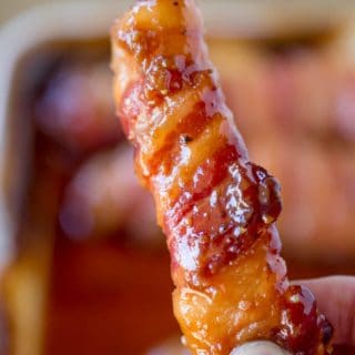 Bacon Brown Sugar Chicken Tenders with just five ingredients and 30 minutes these are the PERFECT gameday treat! A sticky, sweet, salty, crunchy appetizer.