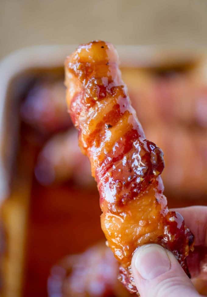 Bacon Brown Sugar Chicken Tenders with just five ingredients and 30 minutes these are the PERFECT gameday treat! A sticky, sweet, salty, crunchy appetizer.