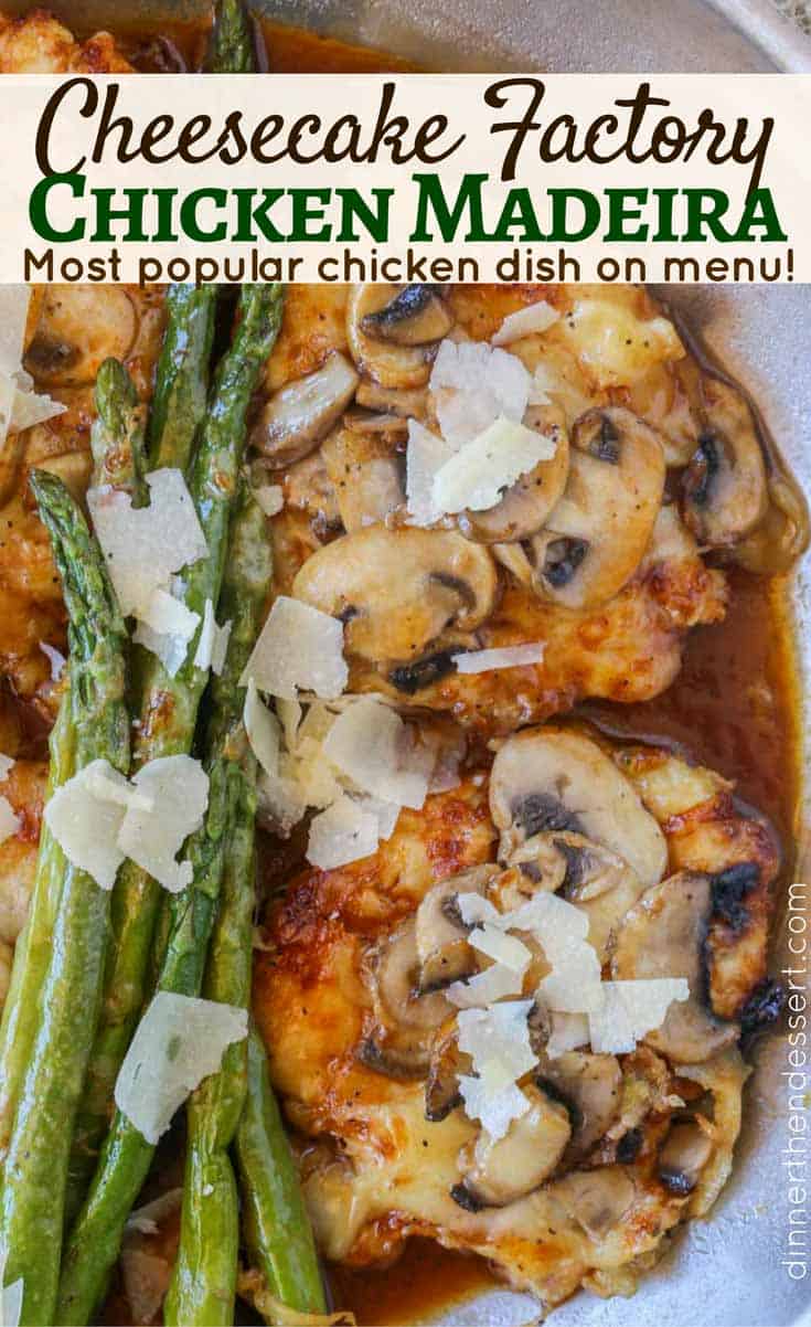 Cheesecake Factory's most popular chicken dish! Chicken, mushrooms, asparagus, cheese and a buttery madeira wine sauce. Perfect copycat!