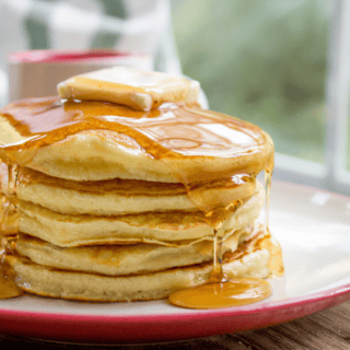 Stack on plate with butter and syrup