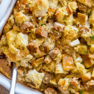 Stuffing in dish with spoon
