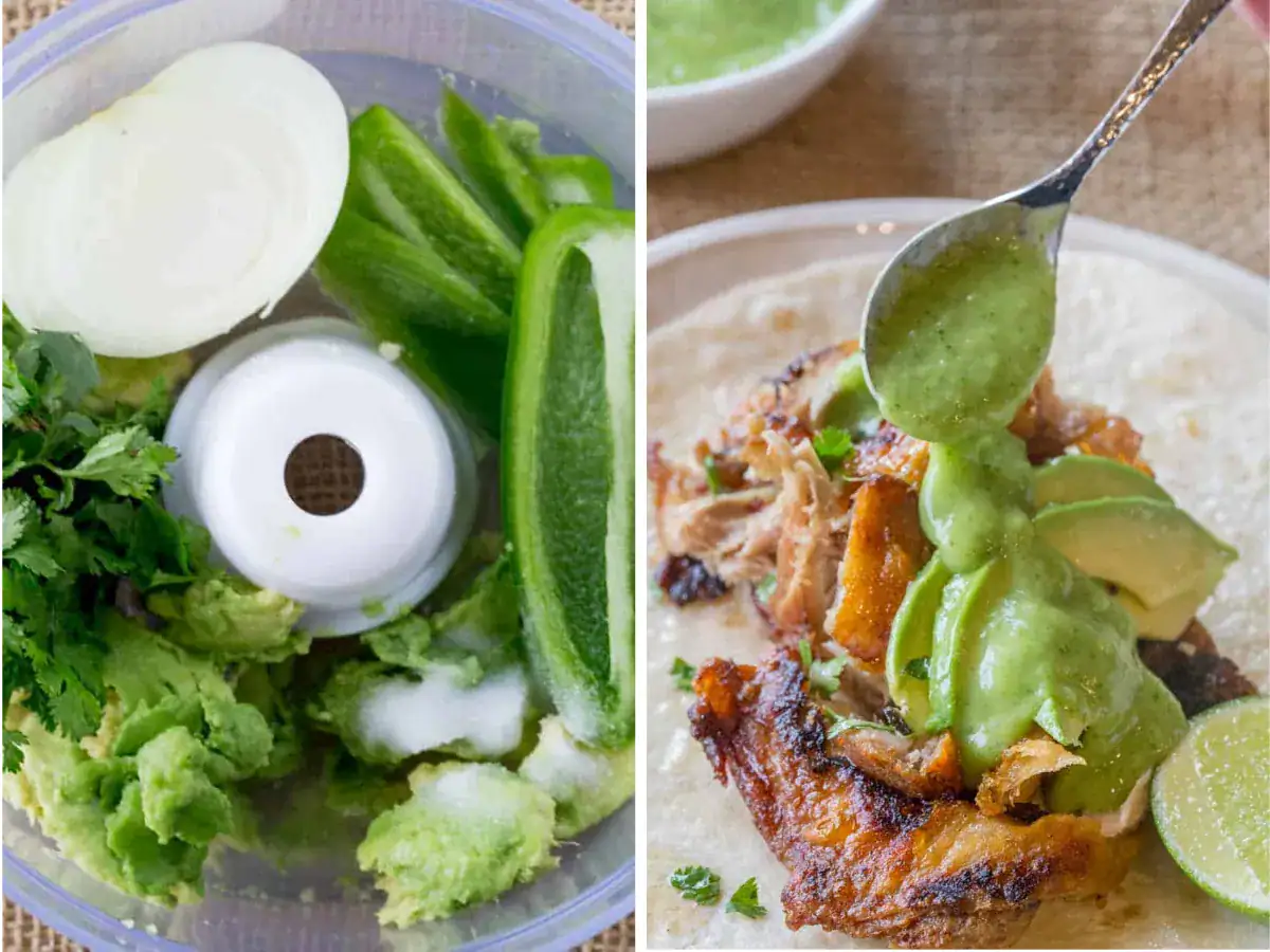 collage of salsa ingredients in a food processor and salsa on top of a taco