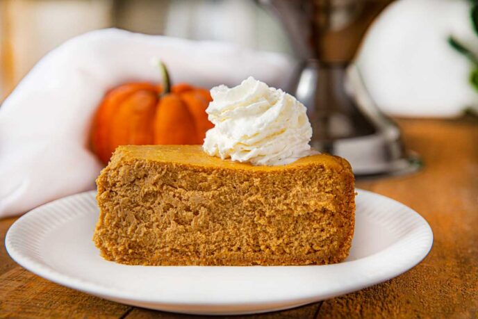 Pumpkin Cheesecake with whipped cream on white plate