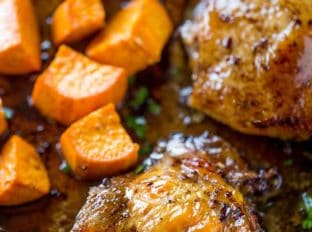 Sheet Pan Balsamic Chicken with Roasted Sweet Potatoes is the perfect fall weeknight dinner you'll love and won't feel guilty eating in just 30 minutes!