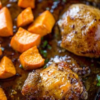 Sheet Pan Balsamic Chicken with Roasted Sweet Potatoes is the perfect fall weeknight dinner you'll love and won't feel guilty eating in just 30 minutes!