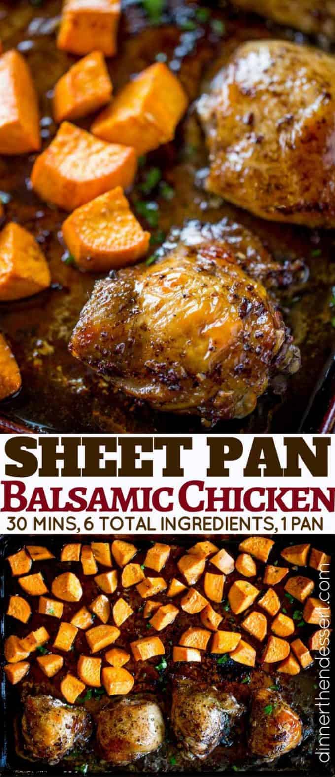 chicken and sweet potatoes roasted on a sheet pan
