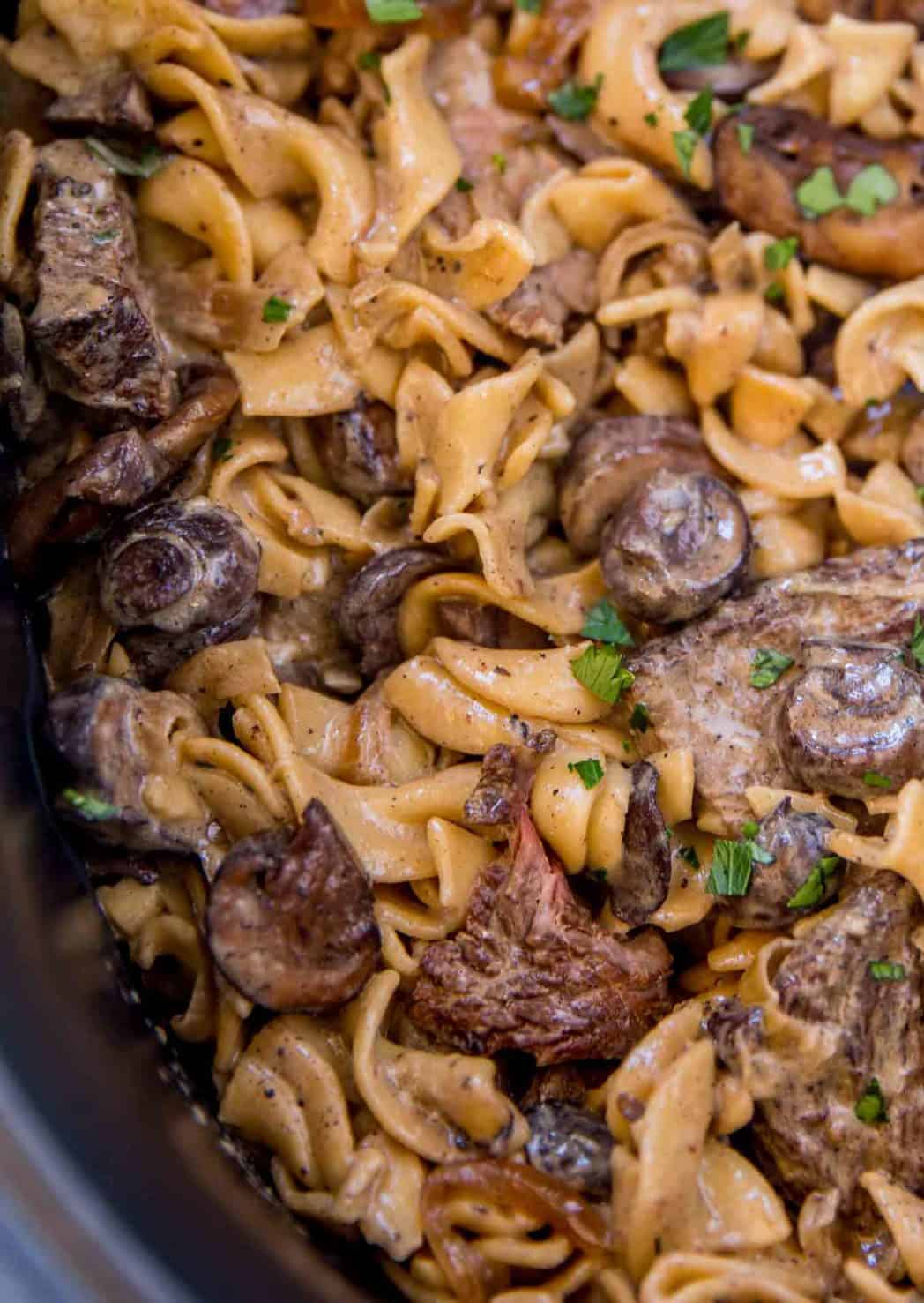 slow cooker beef stroganoff with flavor-infused egg noddles