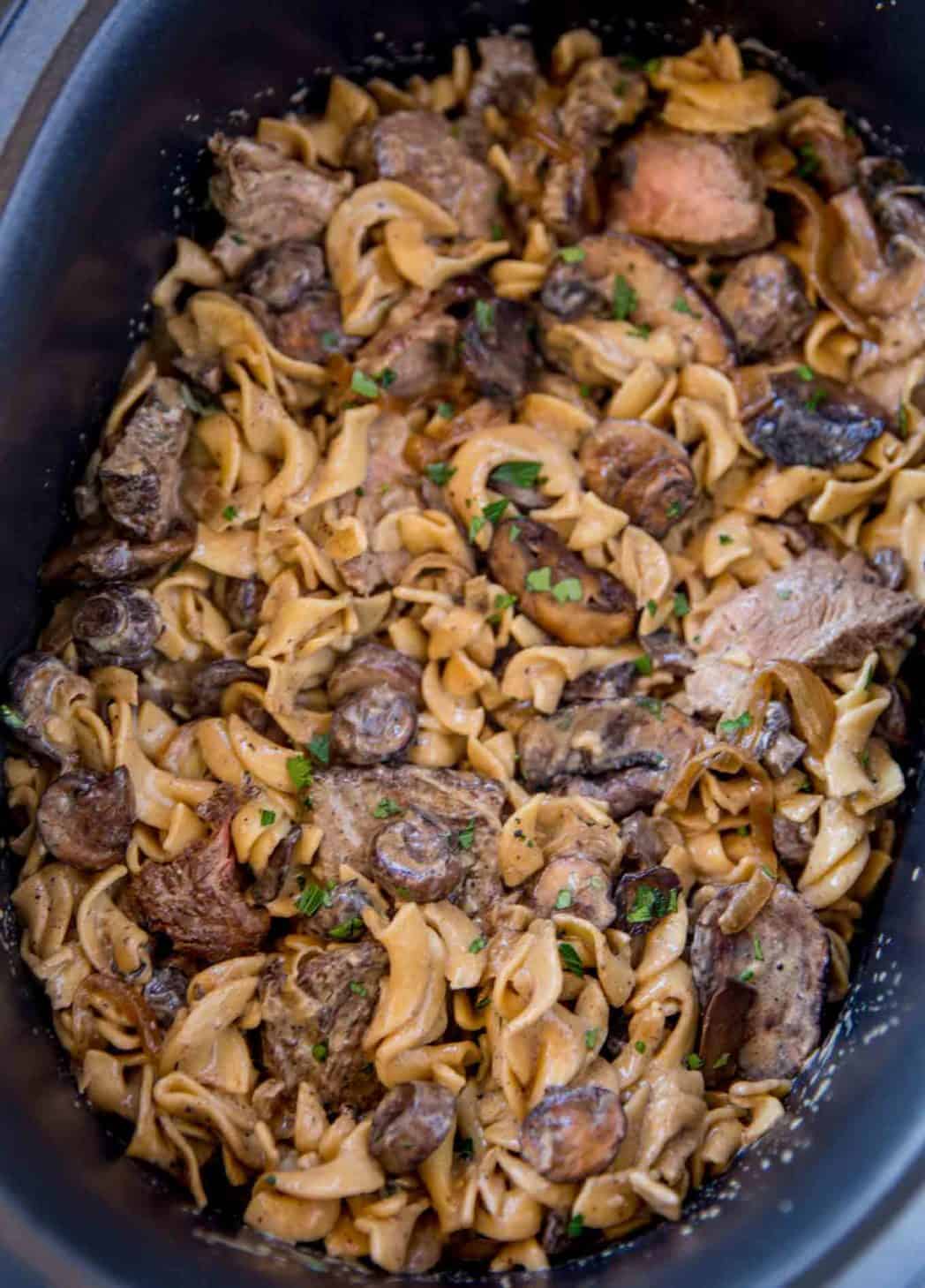 Beef Stroganoff cooking in crockpot