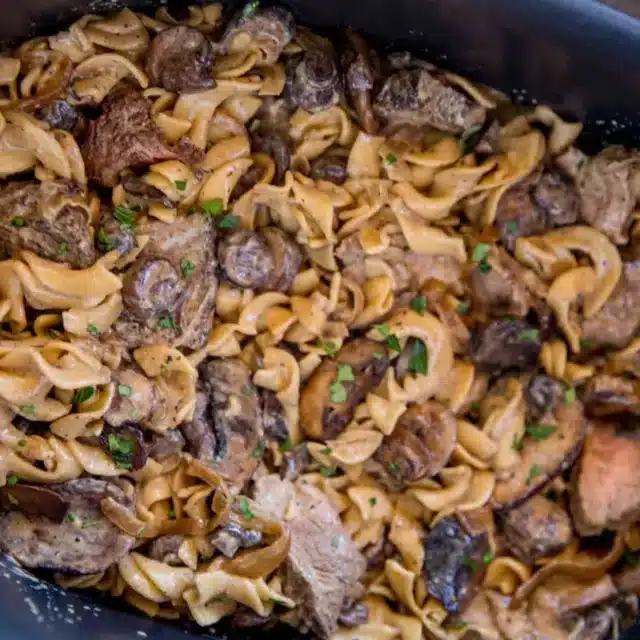 finished stroganoff in a crock pot