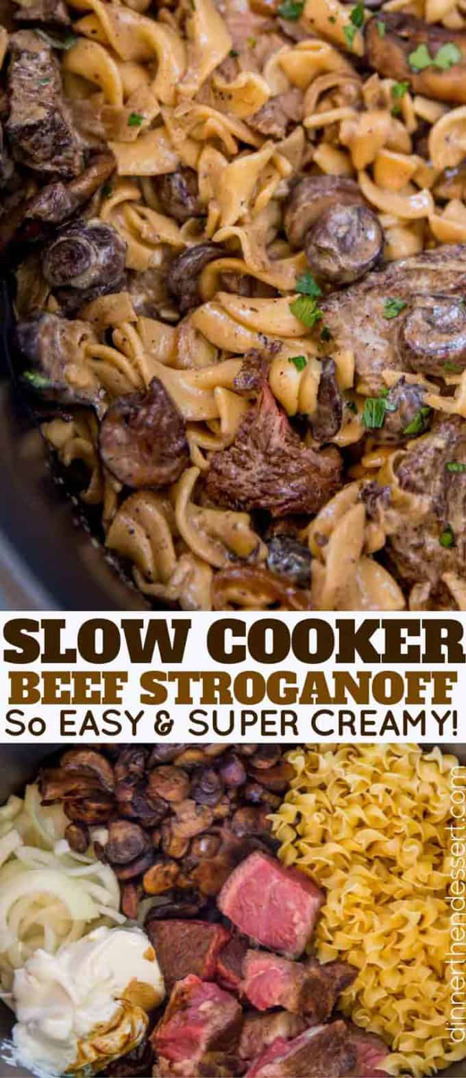 Slow Cooker Beef Stroganoff with tender, sliceable cuts of beef and noodles cooked together in the slow cooker with a rich creamy mushroom sauce.