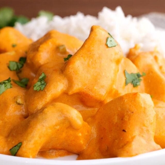 Slow Cooker Indian Butter Chicken on plate with rice