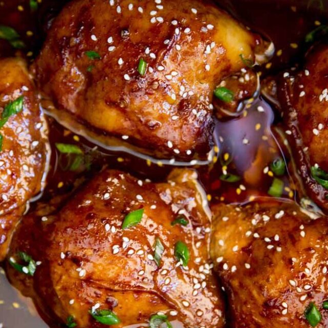 Aerial view of Mongolian chicken in the slow cooker