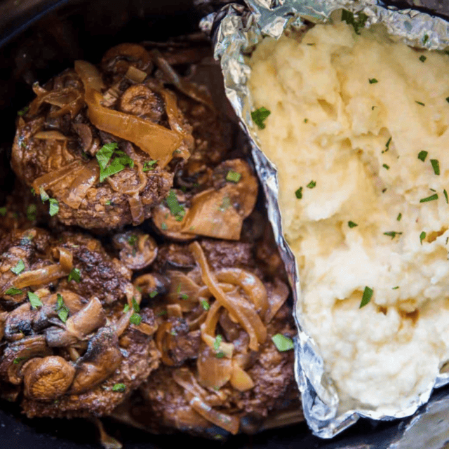 meat and potatoes in slow cooker when done