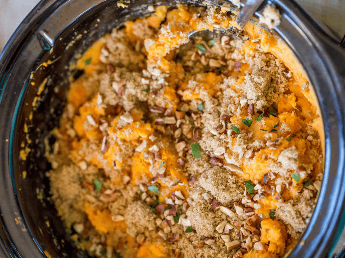 Top view of casserole in the slow cooker