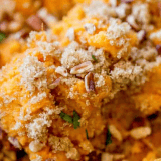 Close up of casserole being scooped out