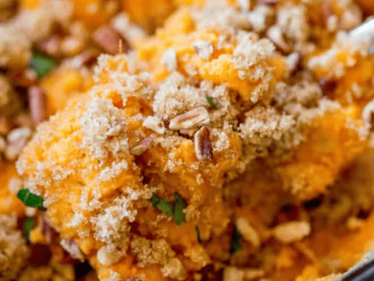 Close up of casserole being scooped out