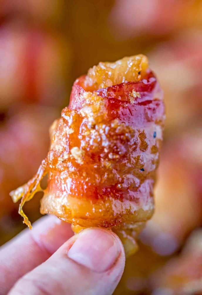 Bacon Brown Sugar Chicken Bites are the perfect salty, sticky, sweet and crispy appetizer for the holidays and game day with just five ingredients!