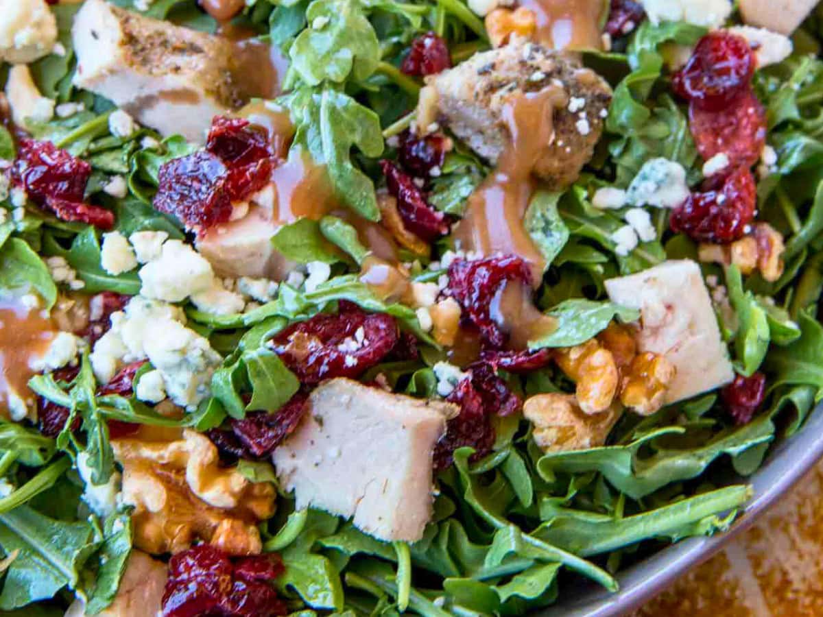 Finished green salad with turkey and cranberries