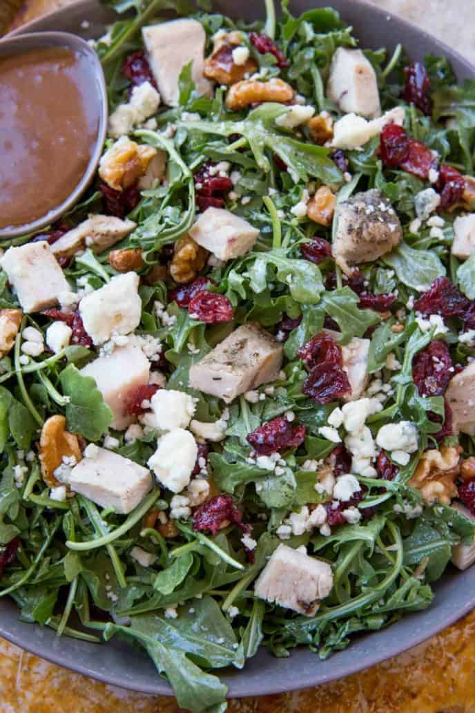 A super easy fall salad with turkey, cranberries, gorgonzola cheese and more, this Cranberry Harvest Turkey Salad is a delicious light meal.