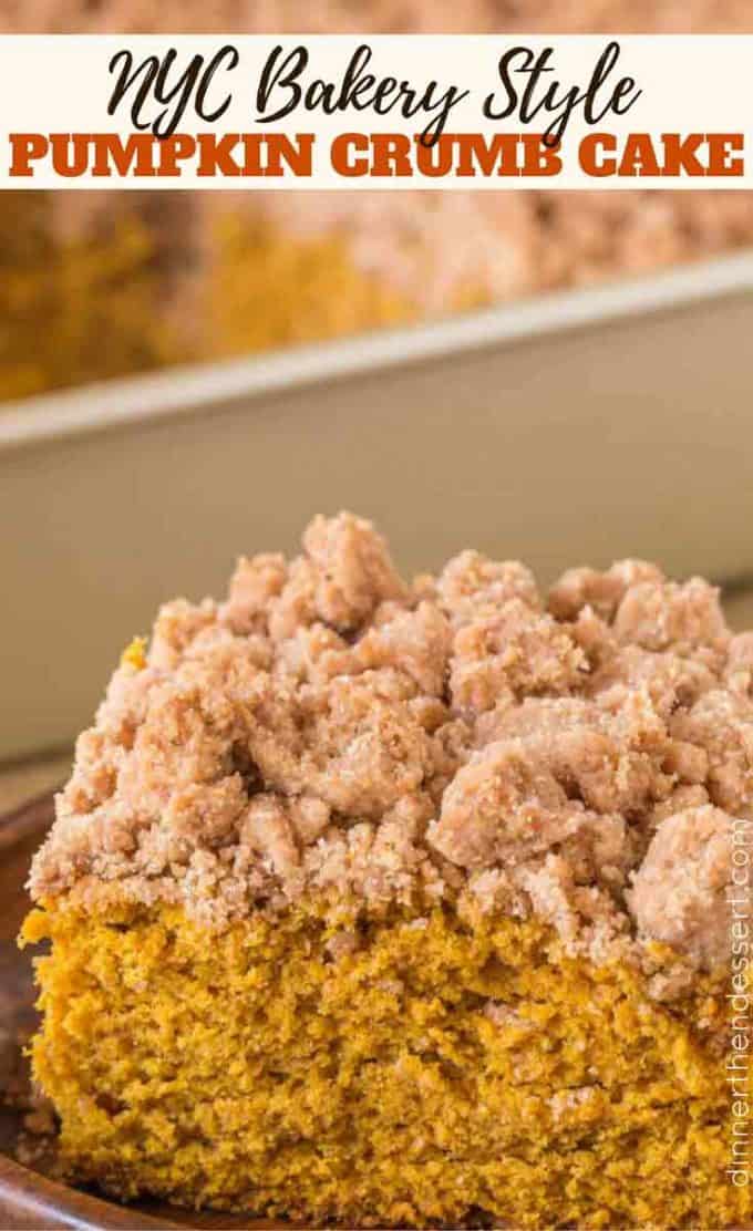Pumpkin Crumb Cake with a New York Bakery Style giant brown sugar crumble topping is a fall bakery treat you'll enjoy for breakfasts all winter long. #pumpkin #crumbcake #recipe #coffeecake dinnerthendessert.com