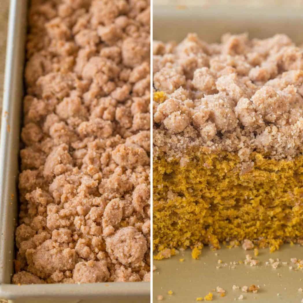 collage Pumpkin Crumb Cake on baking sheet