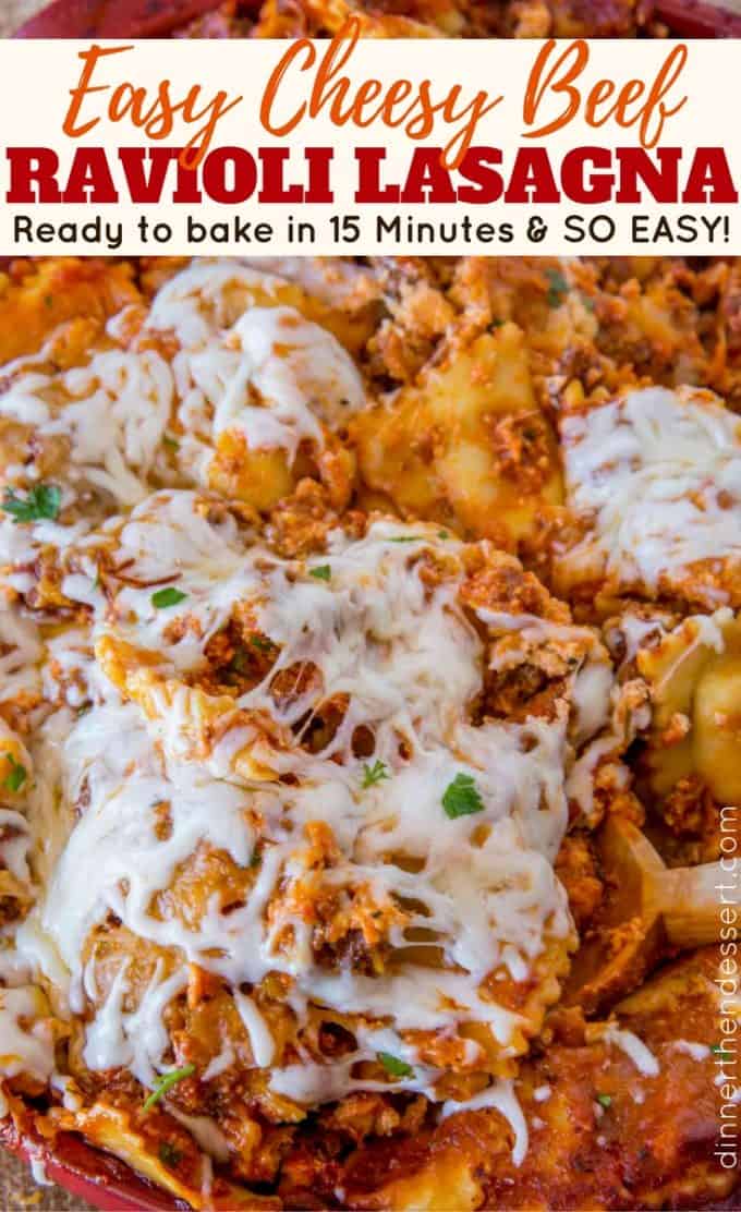 Easy Ravioli Lasagna Bake with three cheeses and ground beef is an easy weeknight meal you can prep ahead that tastes like lasagna with half the effort! #cheese #pasta #ravioli #lasagna #casserole