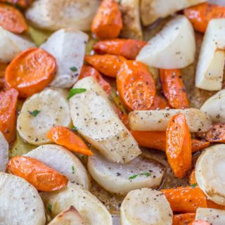 chopped turnips, parsnips, and carrots in baking dish