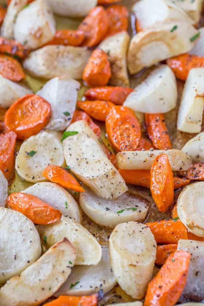 Lots of turnips, parsnips, carrots and rutabagas in the mix for a delicious roasted root vegetable tra.