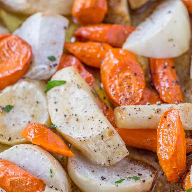 chopped turnips, parsnips, and carrots in baking dish