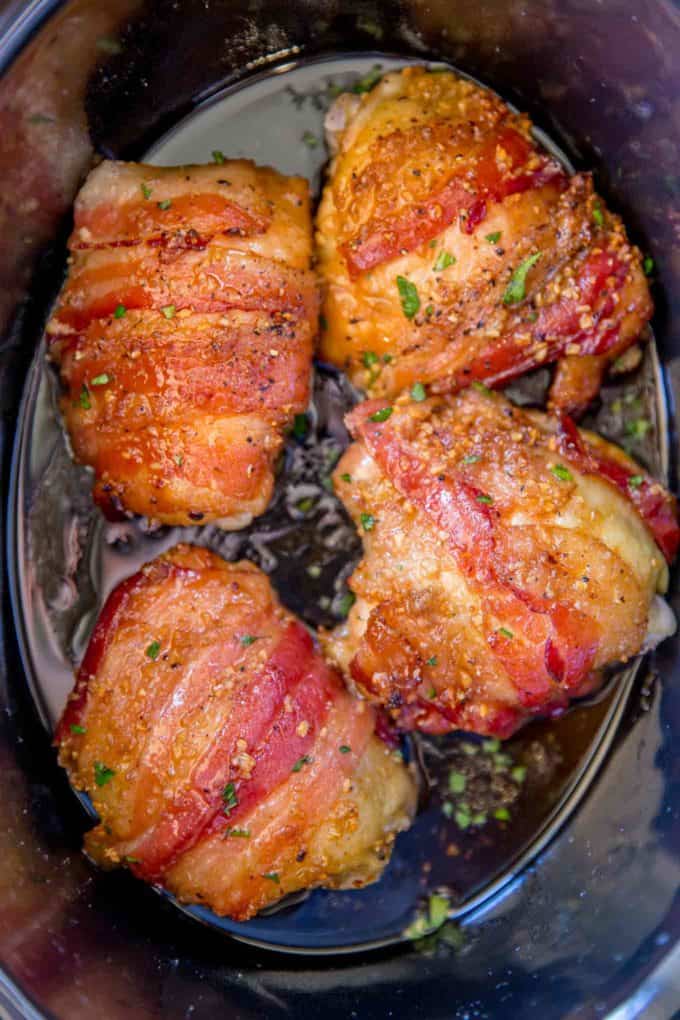 Slow Cooker Bacon Brown Sugar Garlic Chicken in pot