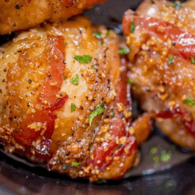 close up of chicken thigh covered in back in a crockpot