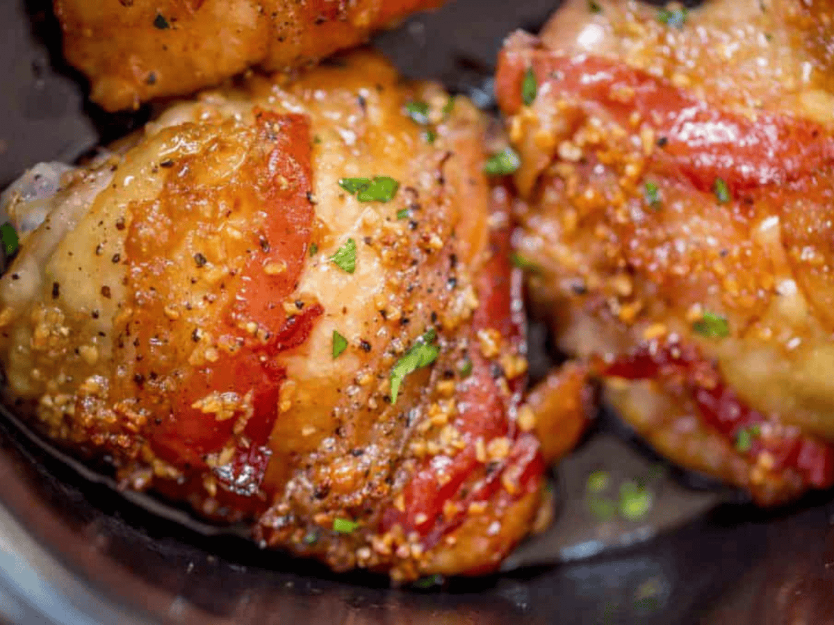 close up of chicken in slow cooker