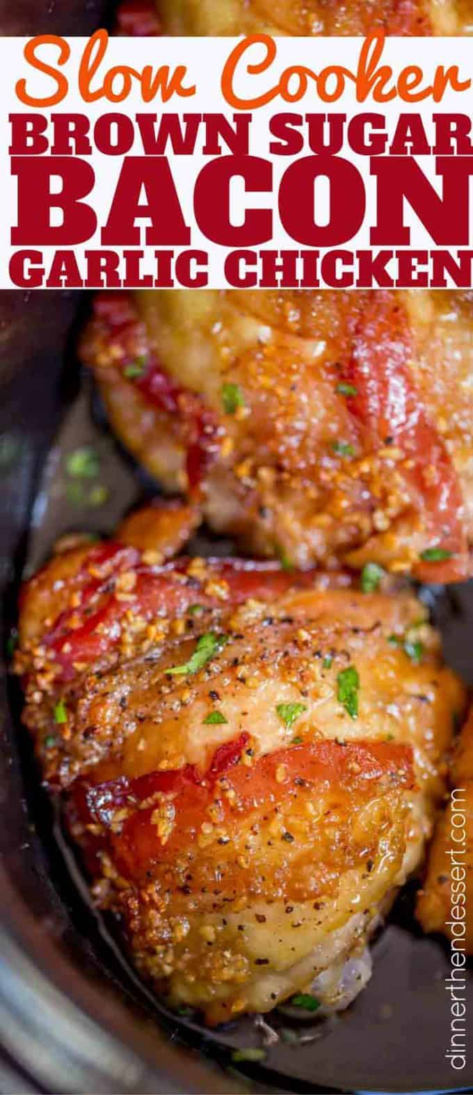 The easiest most delicious slow cooker chicken recipe we've made with chicken, bacon, brown sugar and garlic!