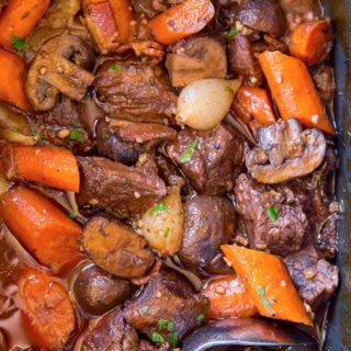 The EASIEST Slow Cooker Beef Bourguignon with all the delicious classic French flavors at a fraction of the work! An easy WEEKNIGHT meal.