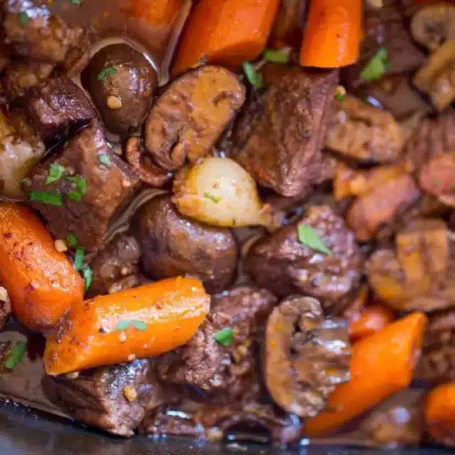 Top view of cooked soup in a crock pot